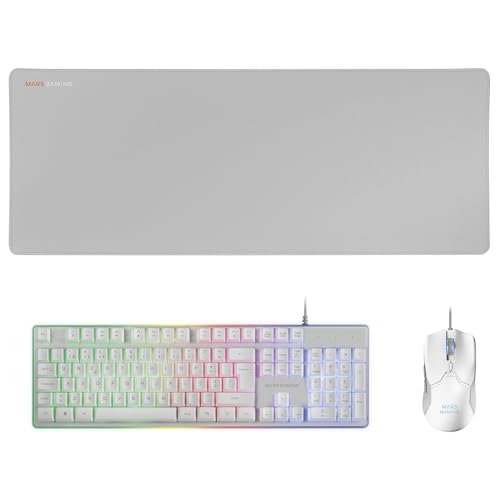 Mars Gaming MCPX, Portugués, Combo Gaming 3en1 con Teclado H-Mech Iluminado, Ratón Ultraligero 10000 dpi con Software y Alfombrilla XXL, Compatible con PC, PS4, PS5, Xbox, Blanco