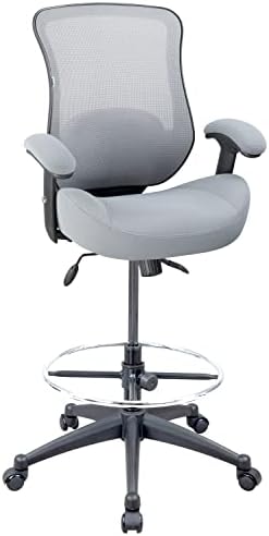 LONGBOSS Drafting Chair Mesh Computer Tall Office Chair, Standing Desk Stool with Lumbar Support Pillow, Height Adjustable Armrest and Adjustable Foot Ring (Gray)