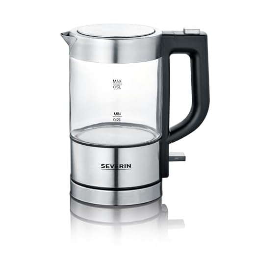 SEVERIN - Mini hervidor de agua 0,5 l, jarra eléctrica de cristal pequeña con filtro antical lavable, base de 360° giratoria y inalámbrica, libre de BPA, acero inoxidable, 1100 W, WK 3472