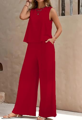 Image of ALL YOURS Women's 2 Piece Outfit Loose Tank Top and Wide Leg Pants Sets|co-ord set for women cord set for women lounge wear set for women coords set for women wear