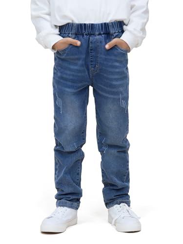 NATUST Jungen Jeans mit Elastischem Bund Kinder Hose mit Abschürfungen Jeanshosen Straight Denim Blau 170-176（Herstellergröße: 180