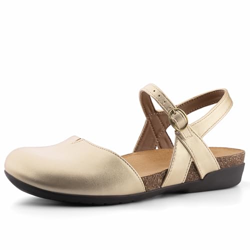 Image of PARTY Closed Toe Sandals Women, Barefoot Arch Support Flat Sandals for Office Work and Travel with Comfortable Cork Footbed