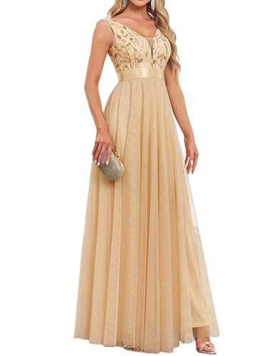 YHHOWEP Women's Formal Dresses Long Evening Gowns Tulle V Neck Sleeveless Sparkly Sequin Cocktail...