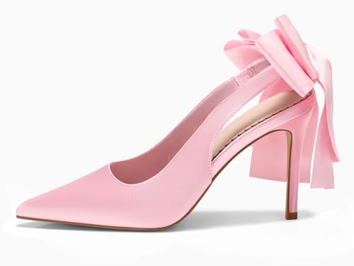 Image of Coutgo Womens Slingback High Heels with Bow Closed Pointed Toe Wedding Bride Dress Shoes Satin Pumps