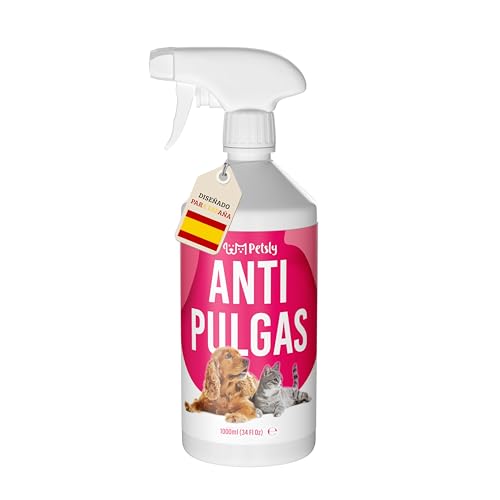 Petsly® Spray Antipulgas para Perros y Gatos - 1L - No Mancha - Antiparasitario Perros con Geraniol - Tratamiento Anti Pulgas, Garrapatas y Ácaros para el Hogar, Muebles y Textiles - Antipulgas Gatos