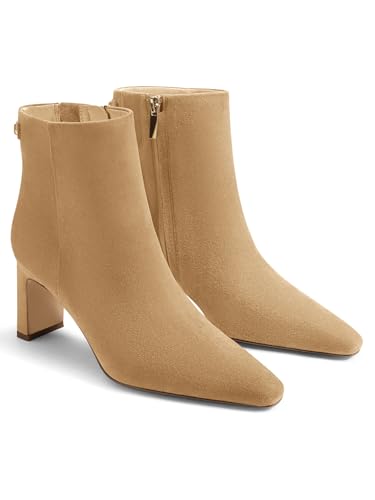 Coutgo Womens Ankle Boots Chunky Heel Closed Toe Booties Side Zipper Winter Dress Shoes,Khak,size 10