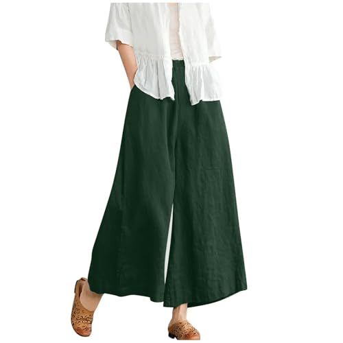 Flowy Palazzo Trousers for Women Cotton Linen Wide Leg Pants Elastic Waist Culottes 2025 Summer Comfy Pant(Green,XX-Large)