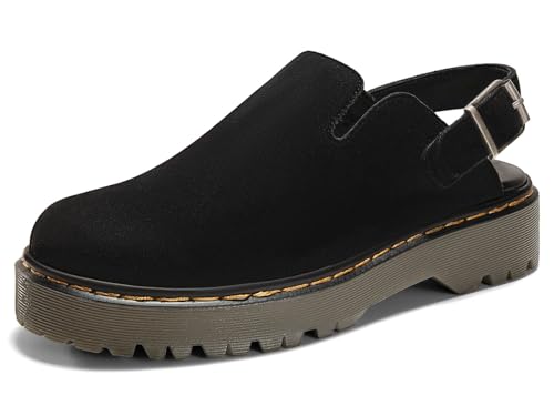 Coutgo Women's Platform Clogs Adjustable Strap Slingback Mules Suede Leather Closed Toe Slip on Shoes, Black, Size 7.5