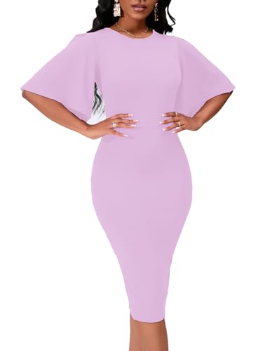 Image of WanMem Womens Basic Bodycon Ruffle Flared Short Sleeve Pencil Midi Dress