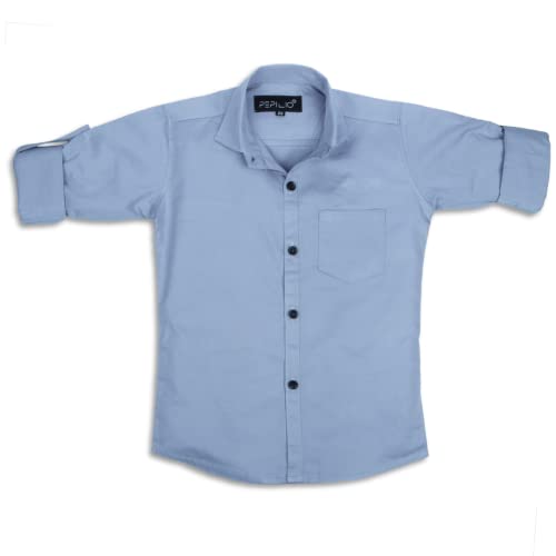 Image of Kids Stylish Solid Cotton Spread Collar Regular Fit Shirt|| Formal Boys Shirt || Casual Wear Buttoned Shirt for Boys Light Blue
