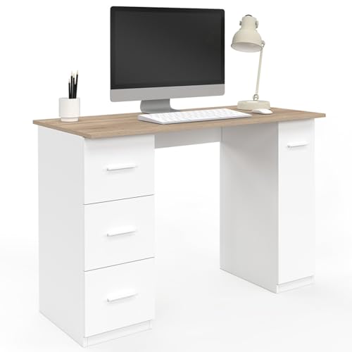 IDMarket - Bureau Droit Mae 3 tiroirs et Porte Placard Blanc et Bois