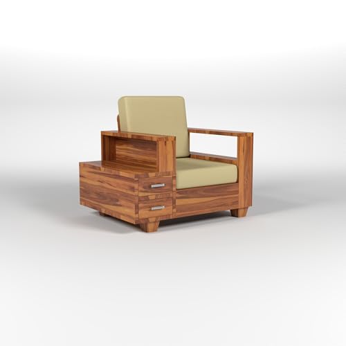 Image of Solid Sheesham Wood Single Seater Sofa with Drawer Storage - Elegant Wooden Sofa | Single Person Sofa Set for Your Living Room (Design 22)