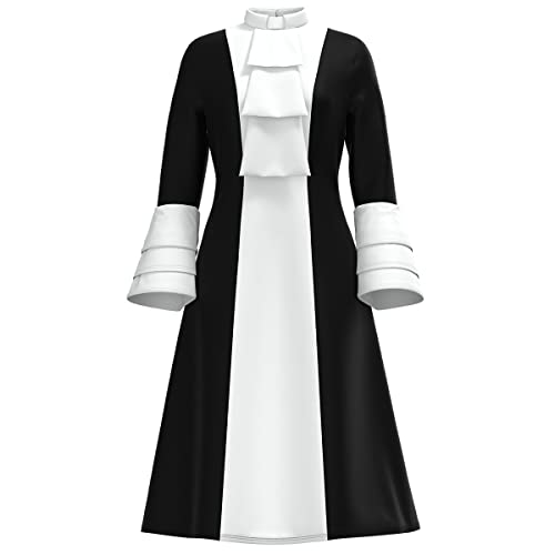 Church Clergy Dress for Women Minister Spring/Autumn A Line Long Sleeve Black White Patchwork Dress with Tab Collar