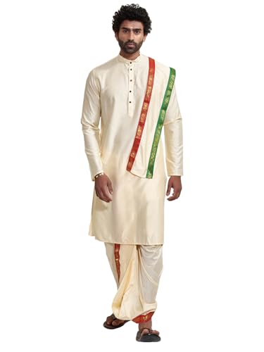 VASTRAMAY Men Viscose Kurta Dhoti Dupatta Set | Mandarin Collar F...