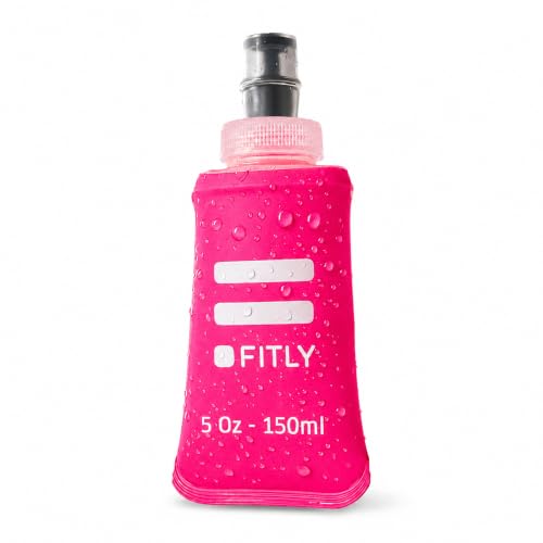 FITLY Soft Flask - 5 oz (150 ml) - Shrink As You Drink Pocket Soft Water Bottle for Hydration Pack/Running Vest - Folding Water Bottle for Running, Hiking, Cycling - Ski Water Bottles - Pink