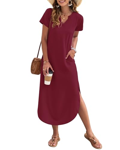 AUSELILY Women's Summer Casual Maxi Dress Short Sleeves V Neck Loose Sundress Split Long Beach Shirt Dress Vacation Wine Red XL