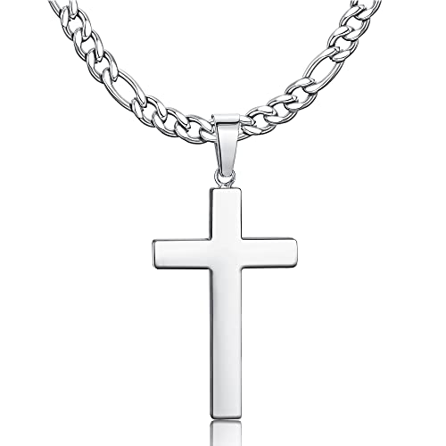 JeweBella Collier Croix Homme Femme Acier Inoxydable Pendentif Croix avec 6 MM Large Figaro Chaine Argent Homme 56/61/66CM