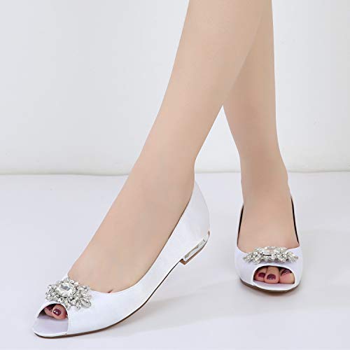 Women Satin Rhinestones Wedding Flat Peep Toe Slip on Formal Party Dress Flat Shoes 5049-304