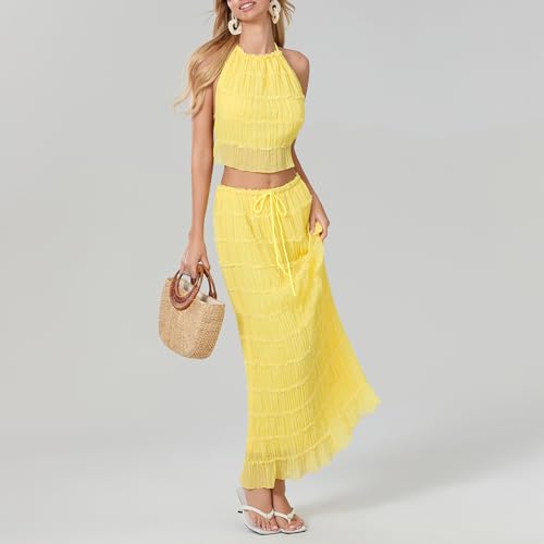 Image of Women Y2K Skirt Set Outfits Strapless Crop Top Bodycon Midi Skirt Dress Sexy 2 Piece Knit Outfits Skirt Summer