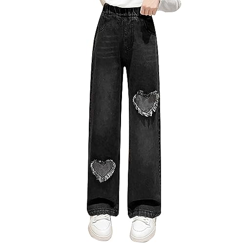 Kids Girls Vintage Elastic Waist Ripped Jeans Wide Leg Ripped Denim Pants with Pocket Summer Casual Wear