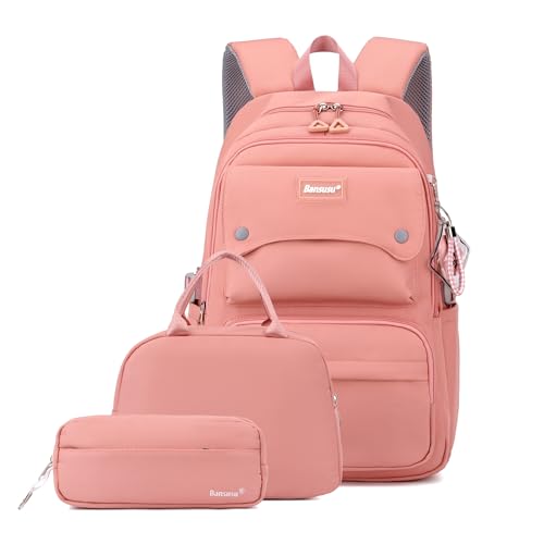 Juego de 3 mochilas y loncheras de color sólido para niñas, mochilas escolares, 3 piezas-Rosado