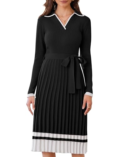 Damen Strickkleid Langarm Kleider Pulloverkleid A-Linie Plissiertes Jumper...