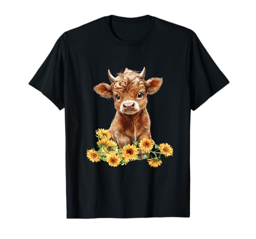 Cute Highland cow with sunflowers country Heifer Farm Farmer T-Shirt