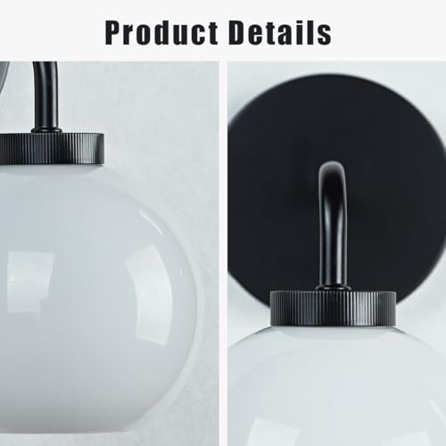 Image of Modern Glass Globe Single Sconce, Matte Black Metal Finish Wall Light for Bedroom, Hand-Polished Milky Glass Shade Vanity Light Beside Mirror, Elegant Light Fixtures for Indoor