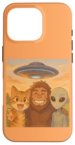 猫 ビッグフット エイリアン 自撮り UFO 面白い誘拐 居心地の良いミーム スマホケース iPhone 16 Pro 用