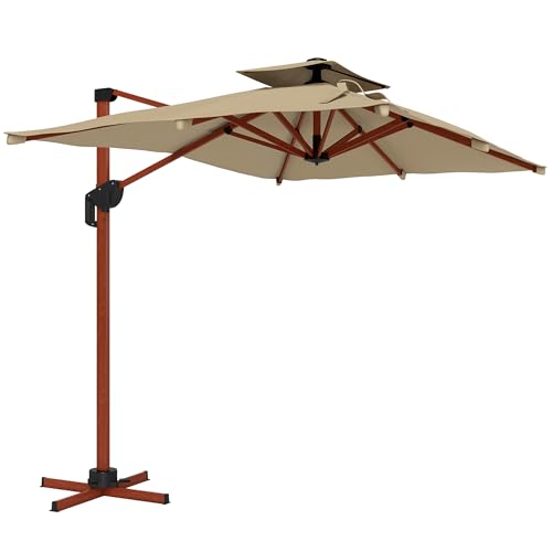 Outsunny Sombrilla de Jardín 300x198x252 cm Parasol Excéntrico de Aluminio con Techo Doble Base Cruzada Manivela Inclinación Regulable y Giratoria 360° Sombrilla para Exterior Terraza Patio Caqui