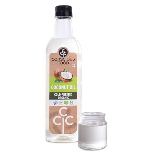 Image of Conscious Food Cold Pressed Coconut Oil, 1 L | Certified Organic | 100% Pure and Chemical Free | Good For Cooking | Boosts Heart Health Skin Care | PET bottle