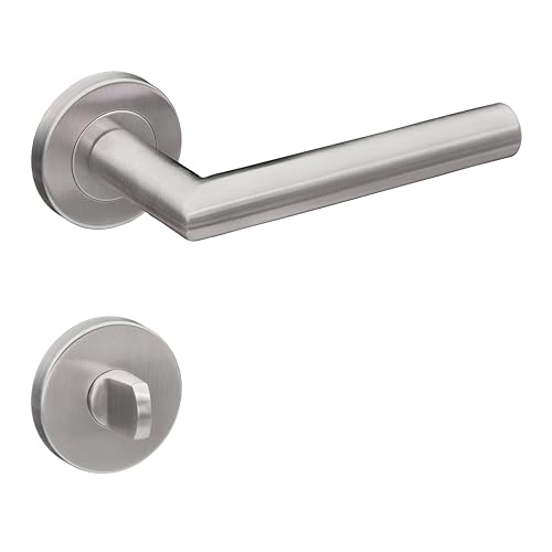 Gavroche Stainless Steel Door Handle Set Toilet / Bathroom Door Handles for Interior Doors Handle Set for Room Door with Round Rosette Fitting Door Fitting in L-Shape
