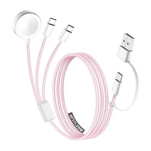 Travel Essentials for Apple Watch Charger, Multi Charging Cable for iPhone Charger, 3 in 2 USB C Cable Cord Compatible with iPhone 17-15 Series/iWatch Ultra/10-1/Galaxy S25-20, iPad-Pink,4FT