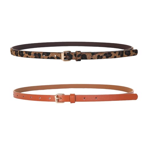 Women's Skinny PU Leather Belt, Solid Color and Leopard print Belt with Metal Buckle for Pants Jeans Dresses