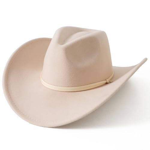 Image of Lanzom Women Men Retro Felt Wide Brim Western Cowboy Cowgirl Hat Dress Up Hat with Wind Lanyard