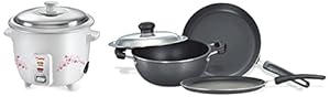 Prestige Omega Select Plus Residue Free Non-Stick Kitchen Set, 3-Pieces, Black/Silver, Aluminium & PRWO 1.5 1.5L Rice Cooker, White