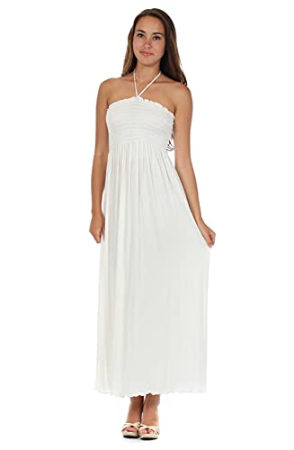 Sakkas 5026 Comfortable Jersey Feel Solid Color Smocked Bodice String Halter Maxi Long Dress - Ivory - Small
