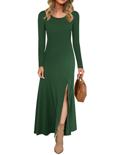 AUSELILY Damen Langarm Maxikleid - Kleid Langarm Lang Herbstkleid Winterkleid Schlitz Elegant Dunkelgrün L