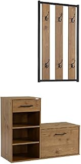 HOMCOM Coat Rack with Shoe Bench Set, Hall Tree, Hallway Set with 6 Hooks, Drawer and Storage Cabinet, Black and Natural