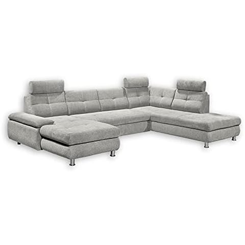Stella Trading ALBA Wohnlandschaft in U-Form, Stoffbezug Silber - Ausziehbares Sofa mit Schlaffunktion & Bettkasten - 349 x 88 x 233 cm (B/H/T) Cover