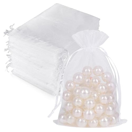 JSTHHTT Lot de 200 pochettes en organza blanc et blanc - 10 x 15 cm - Taille moyenne - Pour dragées de mariage - Pochettes en maille pour petits cadeaux,...