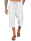 Runcati Mens Casual Capri Pants Elastic Waist Drawstring 3/4 Shorts Lightweight Loose Fit Cotton Summer Beach Yoga Pants White