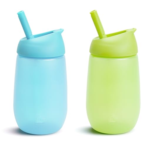 Munchkin Set de Vasos de Silicona Infantil Antiderrames para Niños Pequeños y Bebés, con Pajita, Libre de BPA, Fácil de Limpiar, Apto para Lavavajillas, Lote de 2 x 296 ml, Verde/Azul