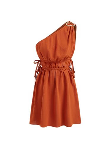 CIDER Summer Asymmetrical Neck Mini Dress Elastic Waist Buckle Knotted Lined Short Dresses Vacation Party