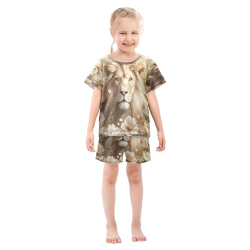 ALAZA White Lion Blossom Animal Pajamas Set Short Sleeve Cotton Sleepwear Summer Pjs 2 Piece 5-14Y3