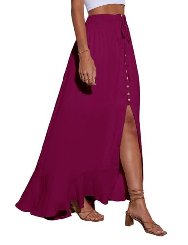 Image of Minclouse Women's Elastic Tie Waist Button Down Maxi Skirts Casual Loose Flowy Swing Slit Front Dress