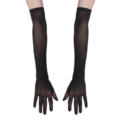 FEESHOW Damen/Herren Nahtlose Handschuhe Stulpenärmel Elastisch Strumpfhosen Nylon Durchsichtig Ellenbogen Lang für Hochzeit Abend Schwarz Einheitsgröße