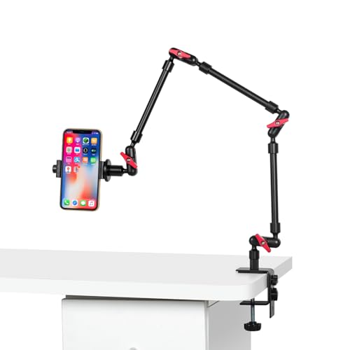 Magic Arm with Clamp, Long Articulating Arm Camera Mount, Adjustable Phone Mount Holder 360° Rotation, Mic Arm for Microphone, LED Lights, for Phone, Tripod, Desk, Table