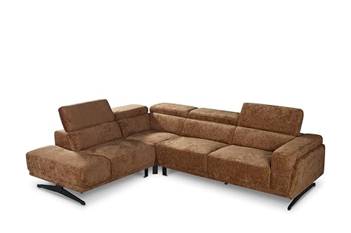 Plush Cosy Rust Orange Chenille Fabric L-Shaped Corner Sofa with a Chaise and Adjustable Headrests - 5 Seater Sectional Living Room Couch for Small and Large Spaces , Modern Metal Legs , 220 x 281 cm