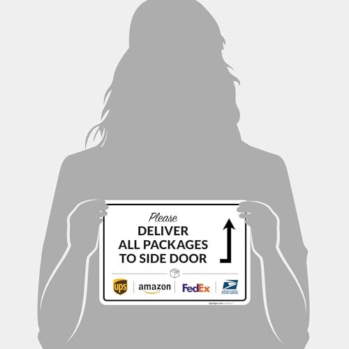 Image of Package Delivery Sign, Delivery Instructions Deliver All Package to Side Door Sign, 10x7 Inches, 4 Mil Vinyl Decal Stickers Weather Resistant, Made in USA